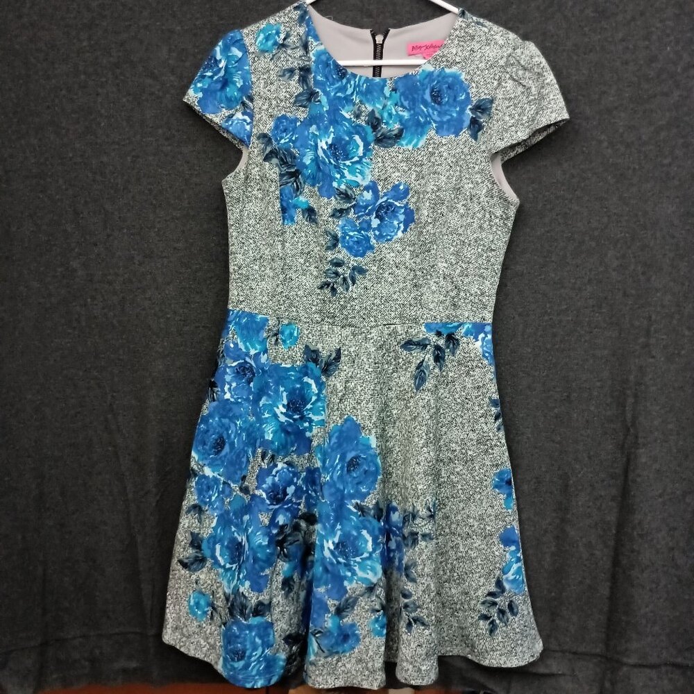 Betsey Johnson Womens Blue Rose Floral Fit & Flare Dress 10 Cap Sleeves Back Zip